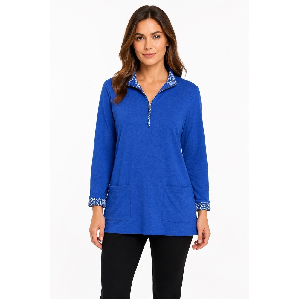 Susan Graver Weekend Tunic Top Womens M Blue Cotton Modal Quarter Zip Pockets
